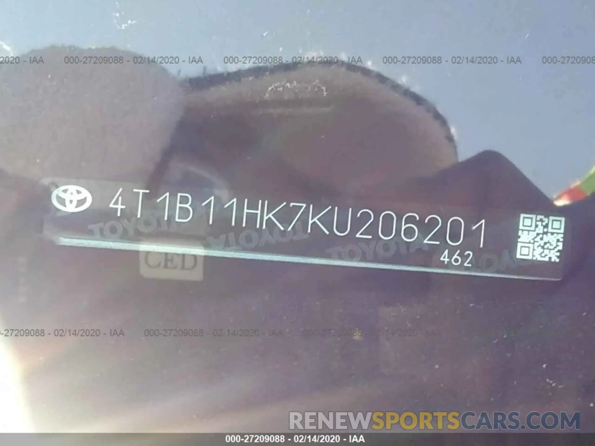 9 fotografías del automóvil dañado 4T1B11HK7KU206201 TOYOTA CAMRY 2019