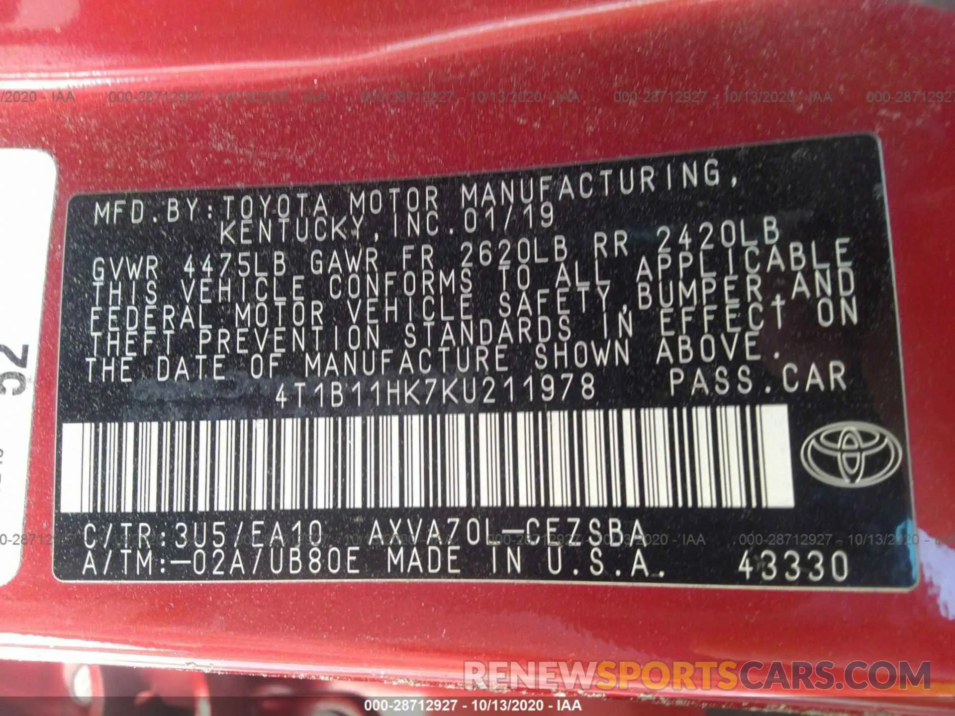 9 fotografías del automóvil dañado 4T1B11HK7KU211978 TOYOTA CAMRY 2019