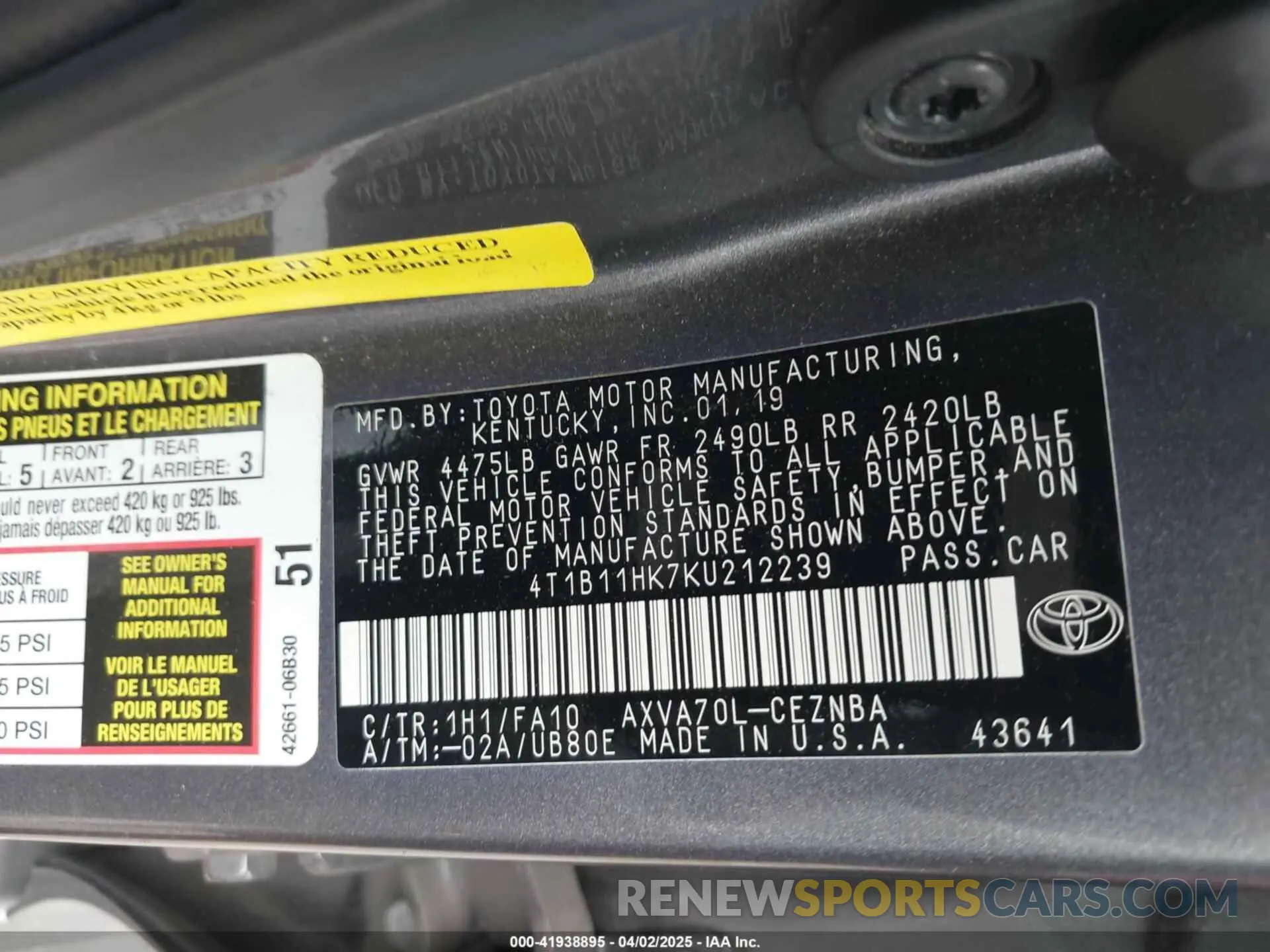 9 fotografías del automóvil dañado 4T1B11HK7KU212239 TOYOTA CAMRY 2019