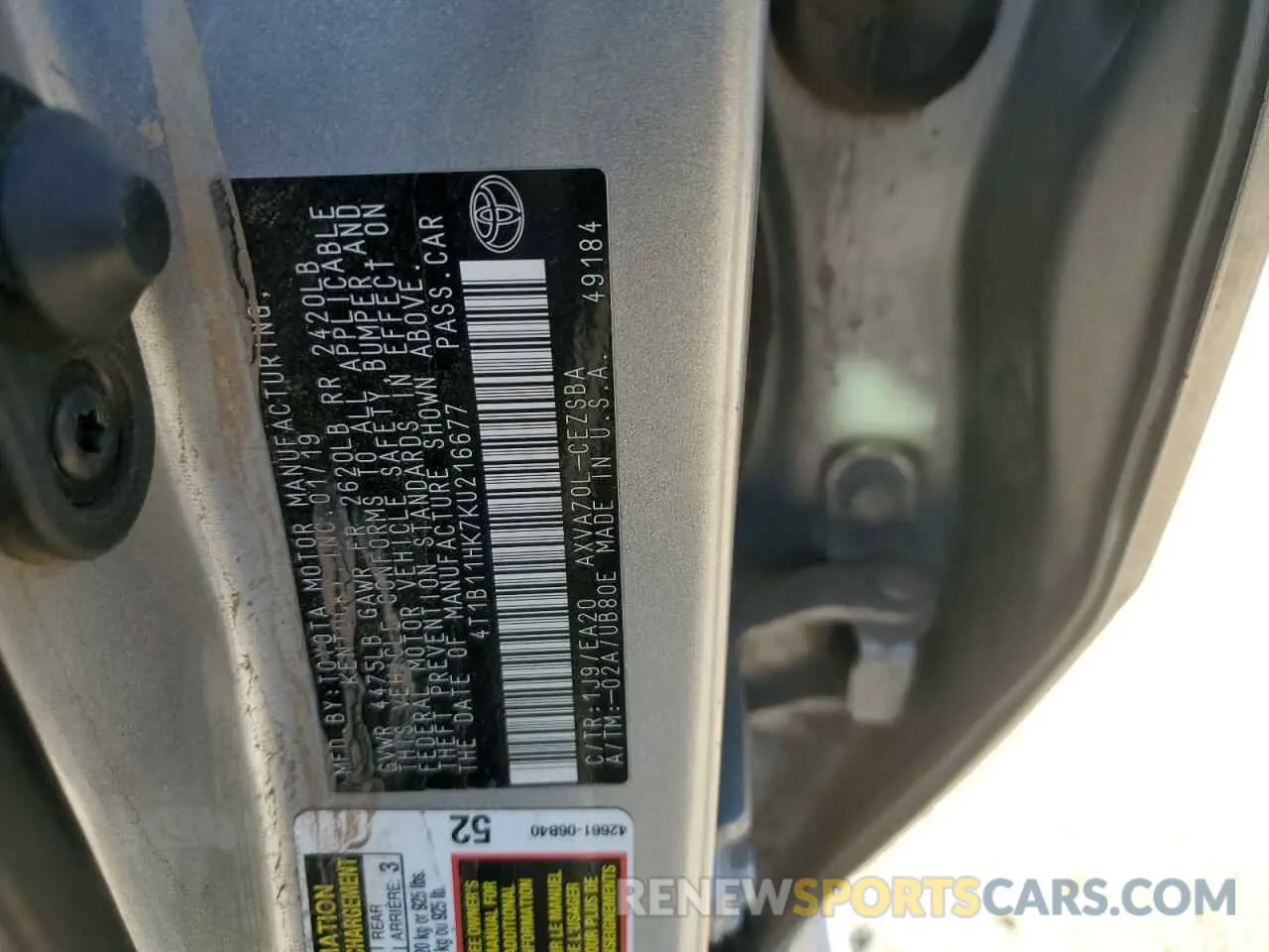 14 fotografías del automóvil dañado 4T1B11HK7KU216677 TOYOTA CAMRY 2019