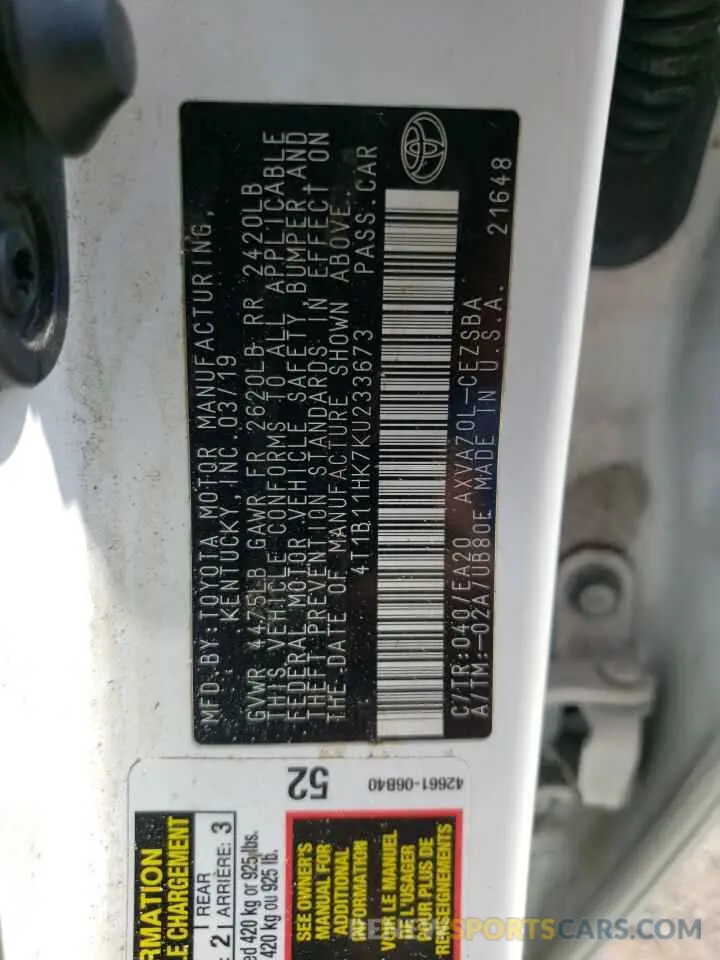 12 fotografías del automóvil dañado 4T1B11HK7KU233673 TOYOTA CAMRY 2019