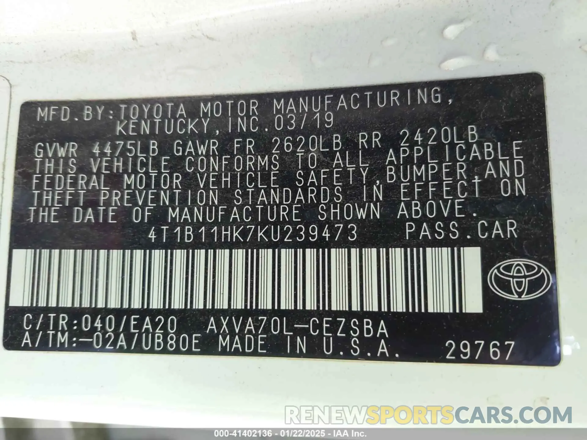 9 fotografías del automóvil dañado 4T1B11HK7KU239473 TOYOTA CAMRY 2019
