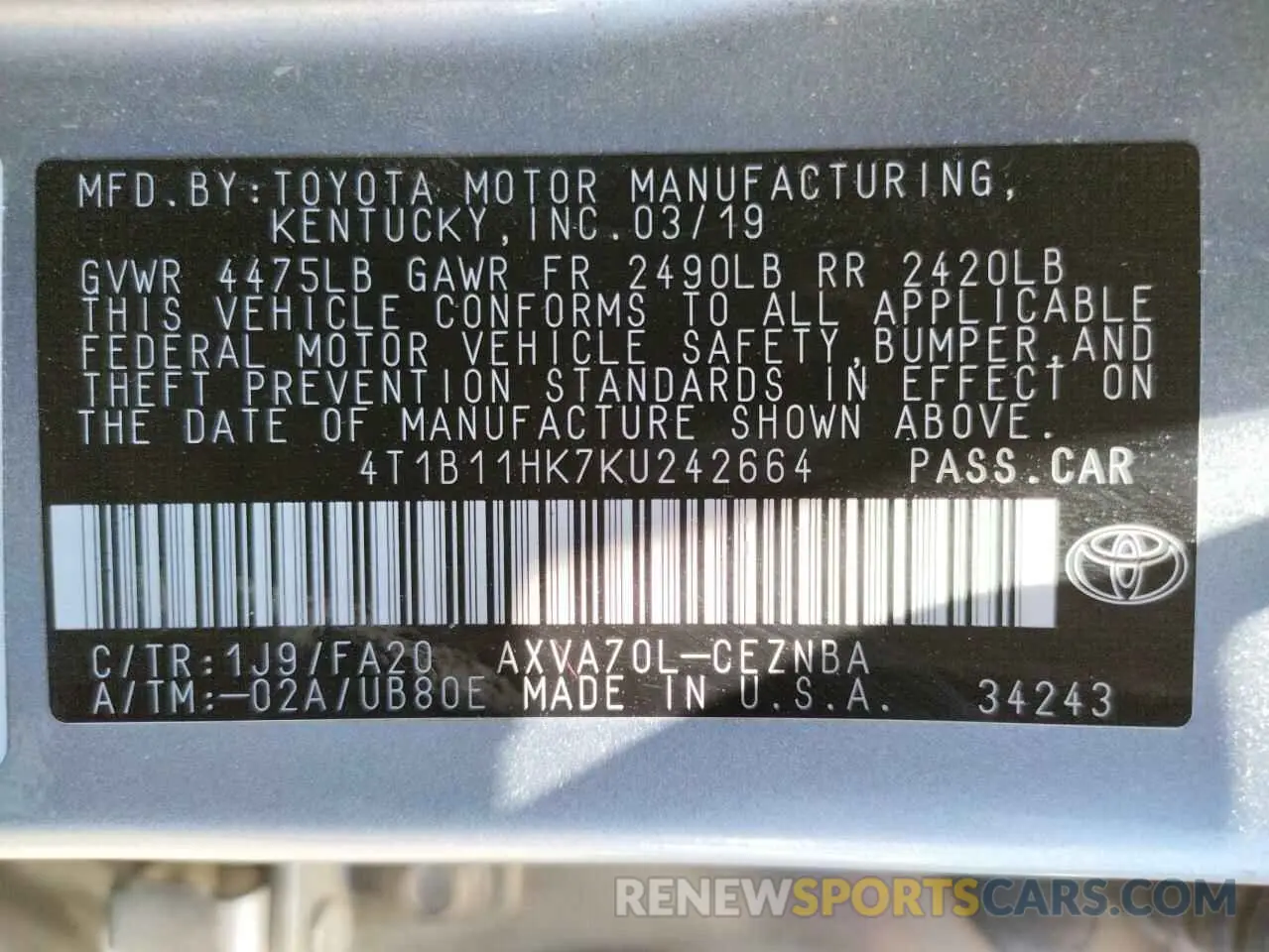 10 fotografías del automóvil dañado 4T1B11HK7KU242664 TOYOTA CAMRY 2019