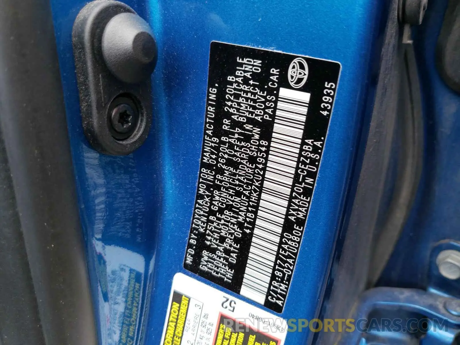 10 fotografías del automóvil dañado 4T1B11HK7KU249548 TOYOTA CAMRY 2019