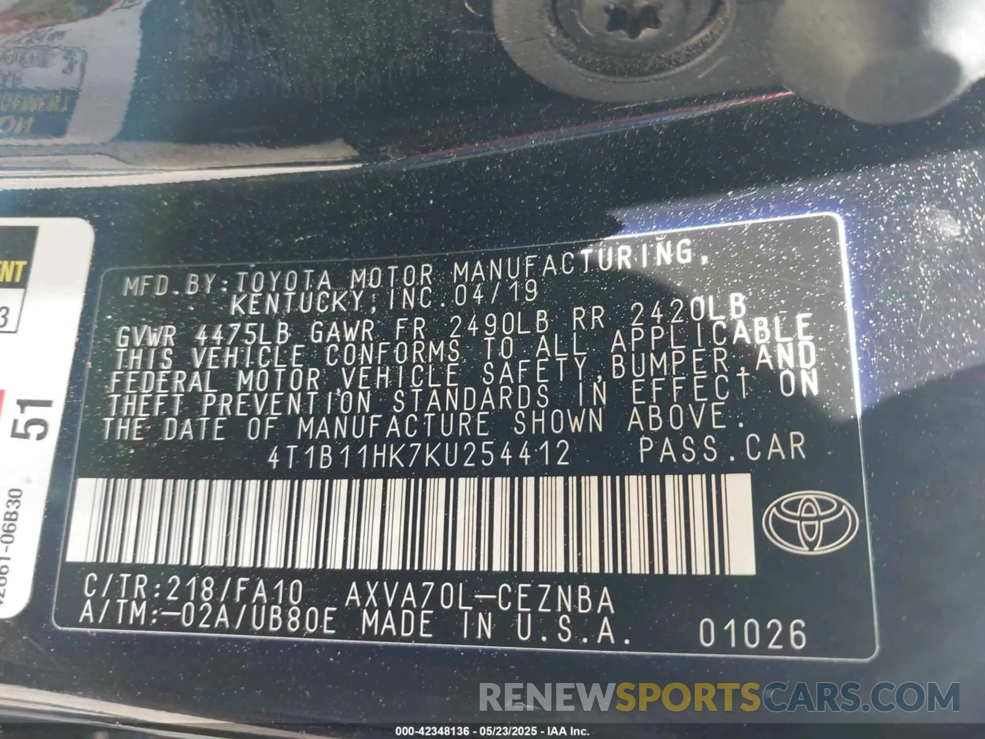 9 fotografías del automóvil dañado 4T1B11HK7KU254412 TOYOTA CAMRY 2019