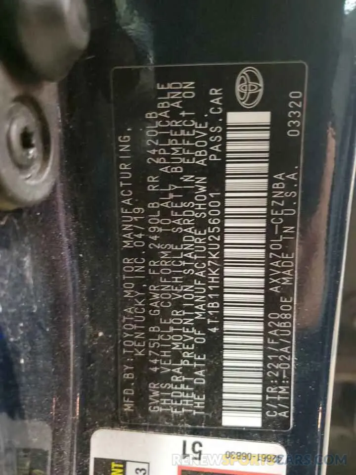 12 fotografías del automóvil dañado 4T1B11HK7KU256001 TOYOTA CAMRY 2019