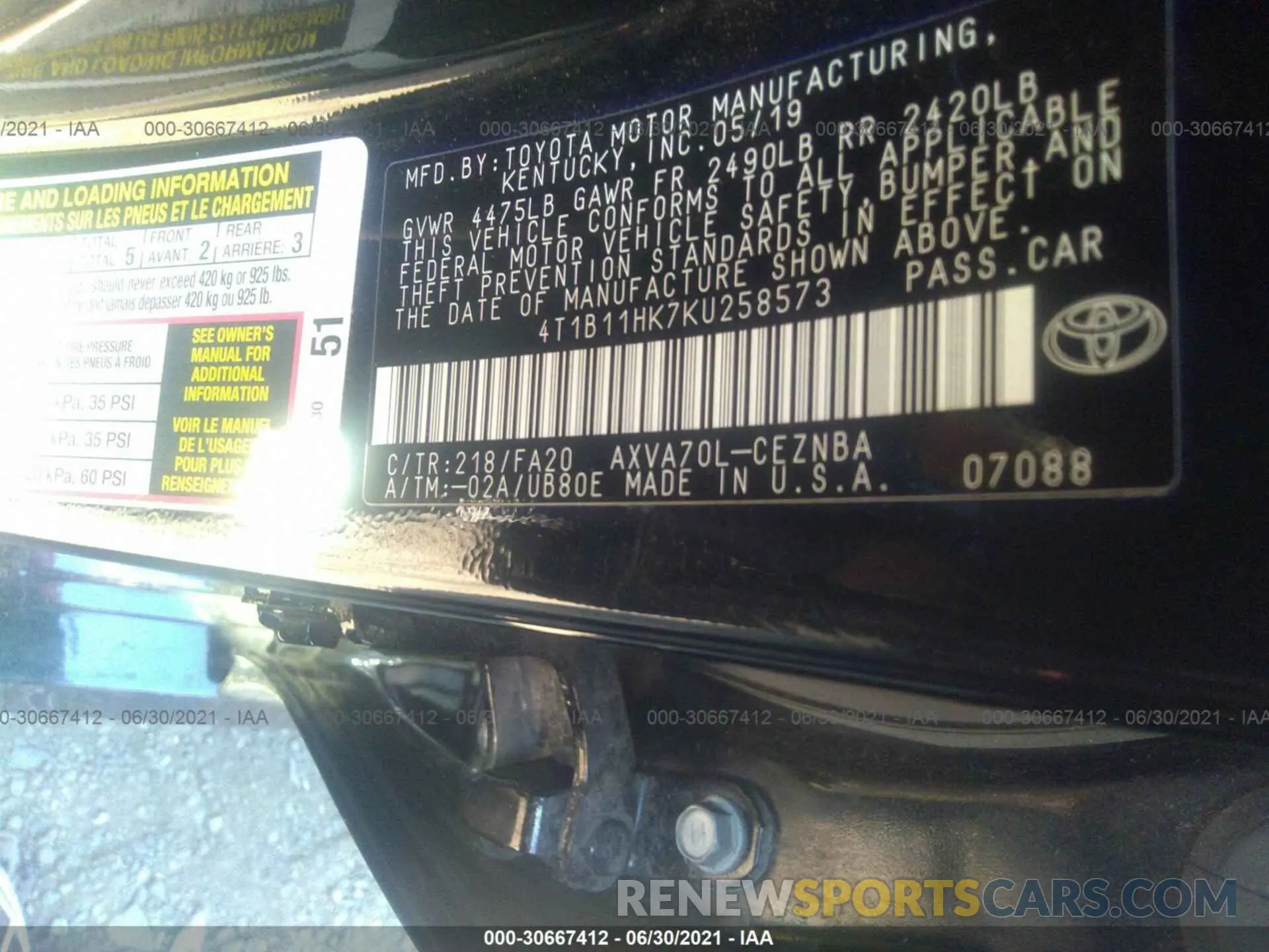 9 fotografías del automóvil dañado 4T1B11HK7KU258573 TOYOTA CAMRY 2019