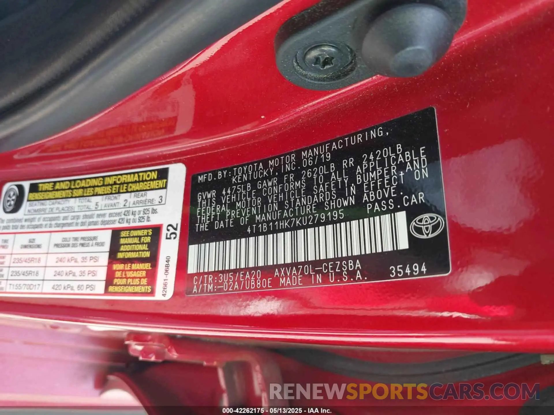 9 fotografías del automóvil dañado 4T1B11HK7KU279195 TOYOTA CAMRY 2019