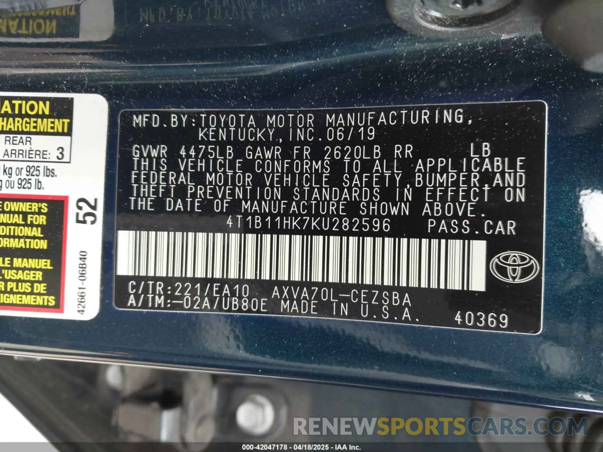 9 fotografías del automóvil dañado 4T1B11HK7KU282596 TOYOTA CAMRY 2019
