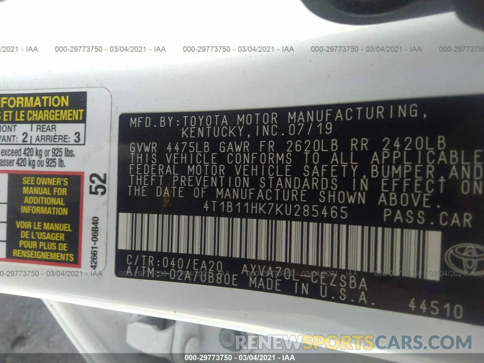9 fotografías del automóvil dañado 4T1B11HK7KU285465 TOYOTA CAMRY 2019