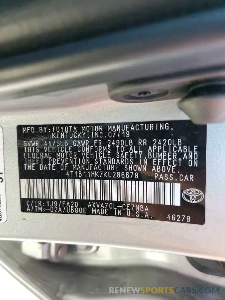 12 fotografías del automóvil dañado 4T1B11HK7KU286678 TOYOTA CAMRY 2019