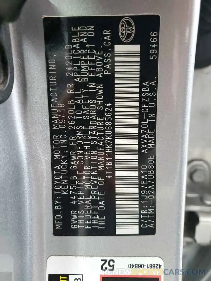 13 fotografías del automóvil dañado 4T1B11HK7KU685624 TOYOTA CAMRY 2019
