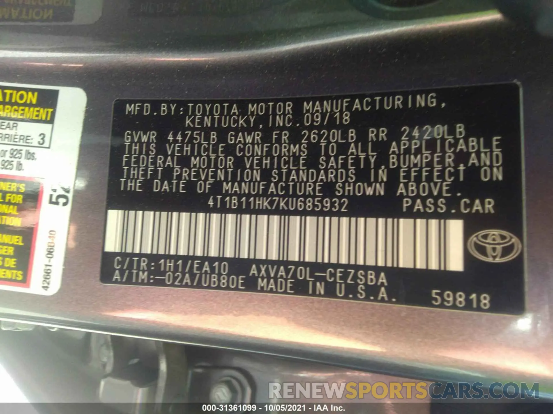 9 fotografías del automóvil dañado 4T1B11HK7KU685932 TOYOTA CAMRY 2019
