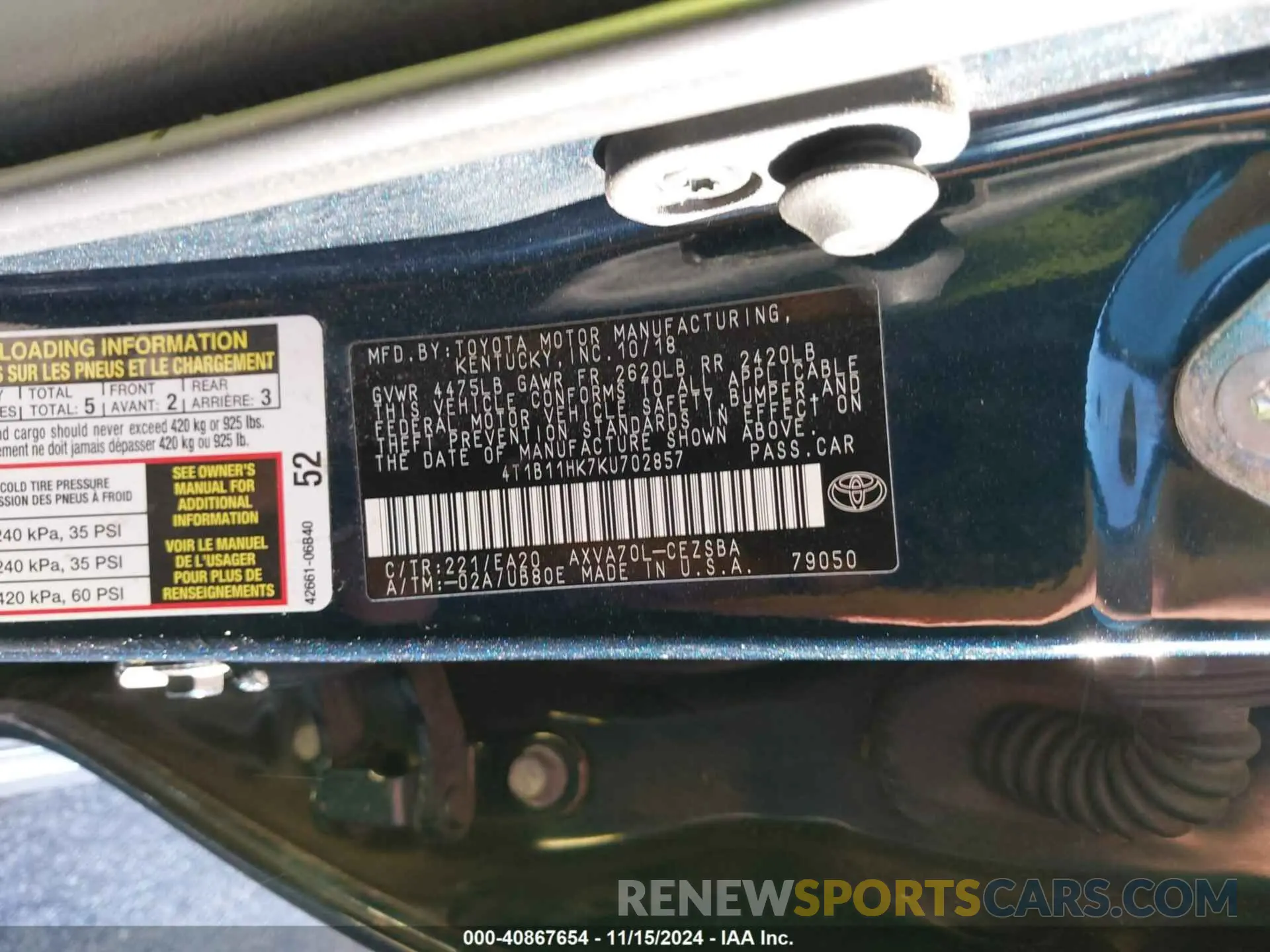 9 fotografías del automóvil dañado 4T1B11HK7KU702857 TOYOTA CAMRY 2019