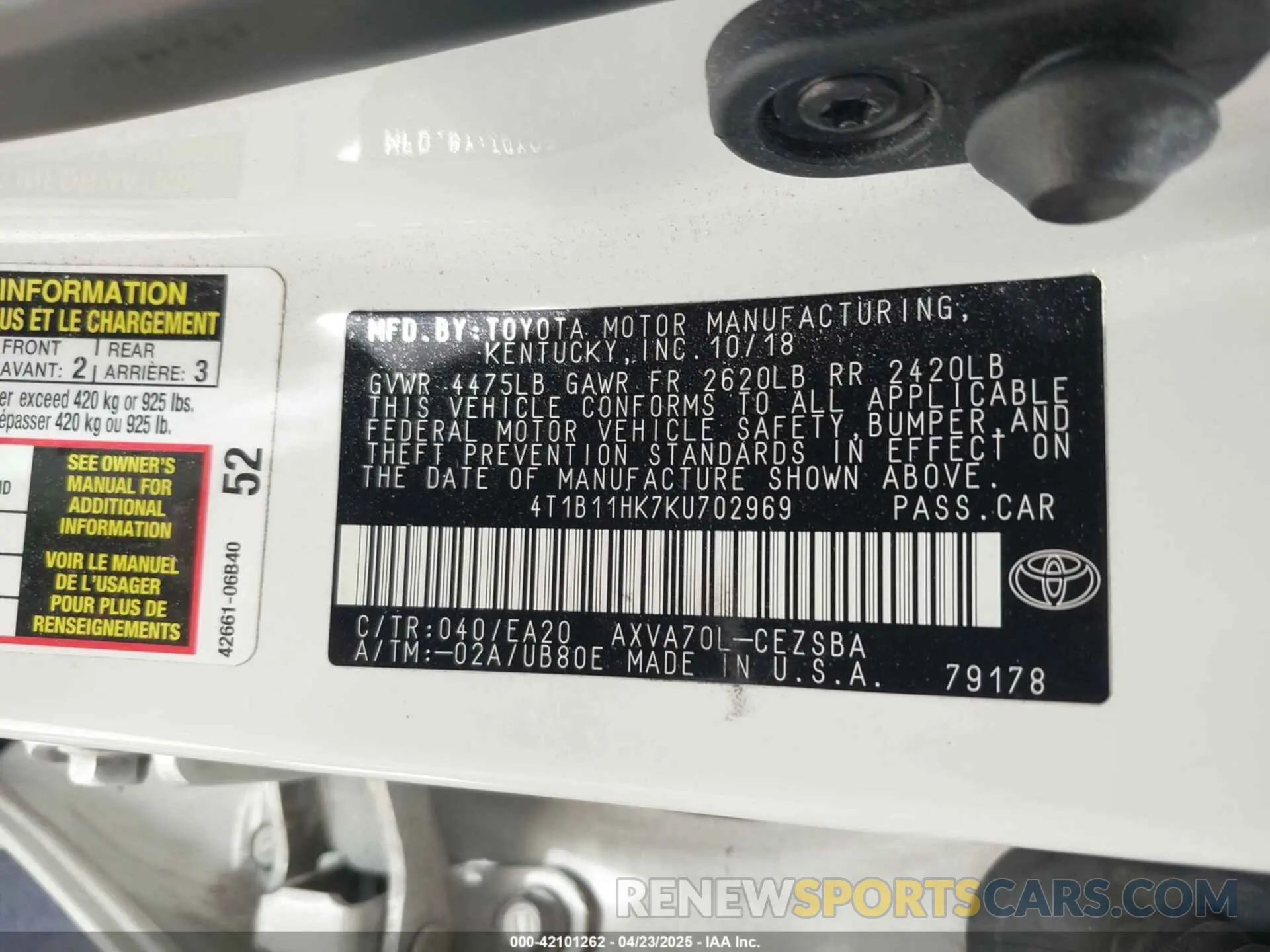 9 fotografías del automóvil dañado 4T1B11HK7KU702969 TOYOTA CAMRY 2019