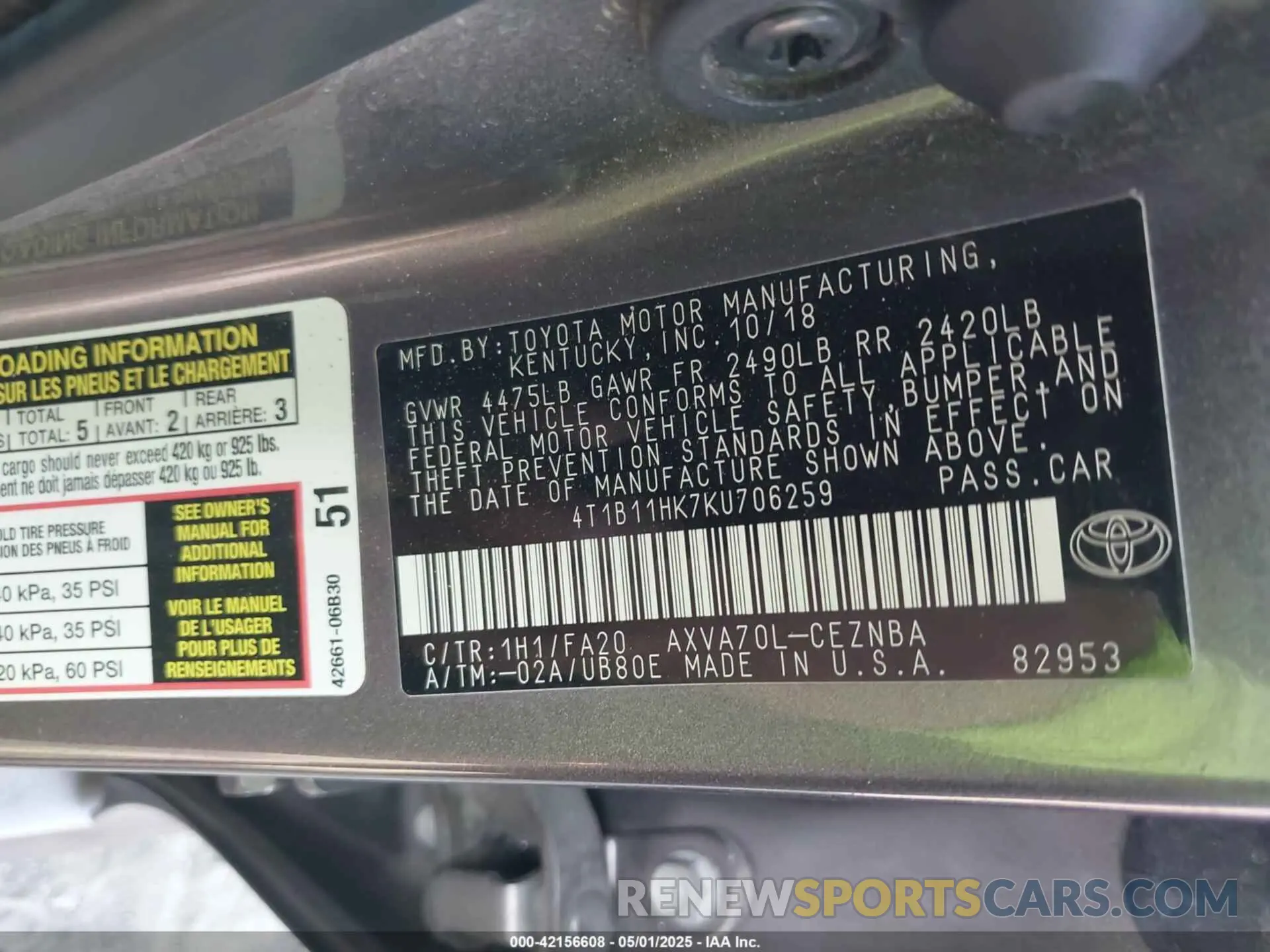 9 fotografías del automóvil dañado 4T1B11HK7KU706259 TOYOTA CAMRY 2019