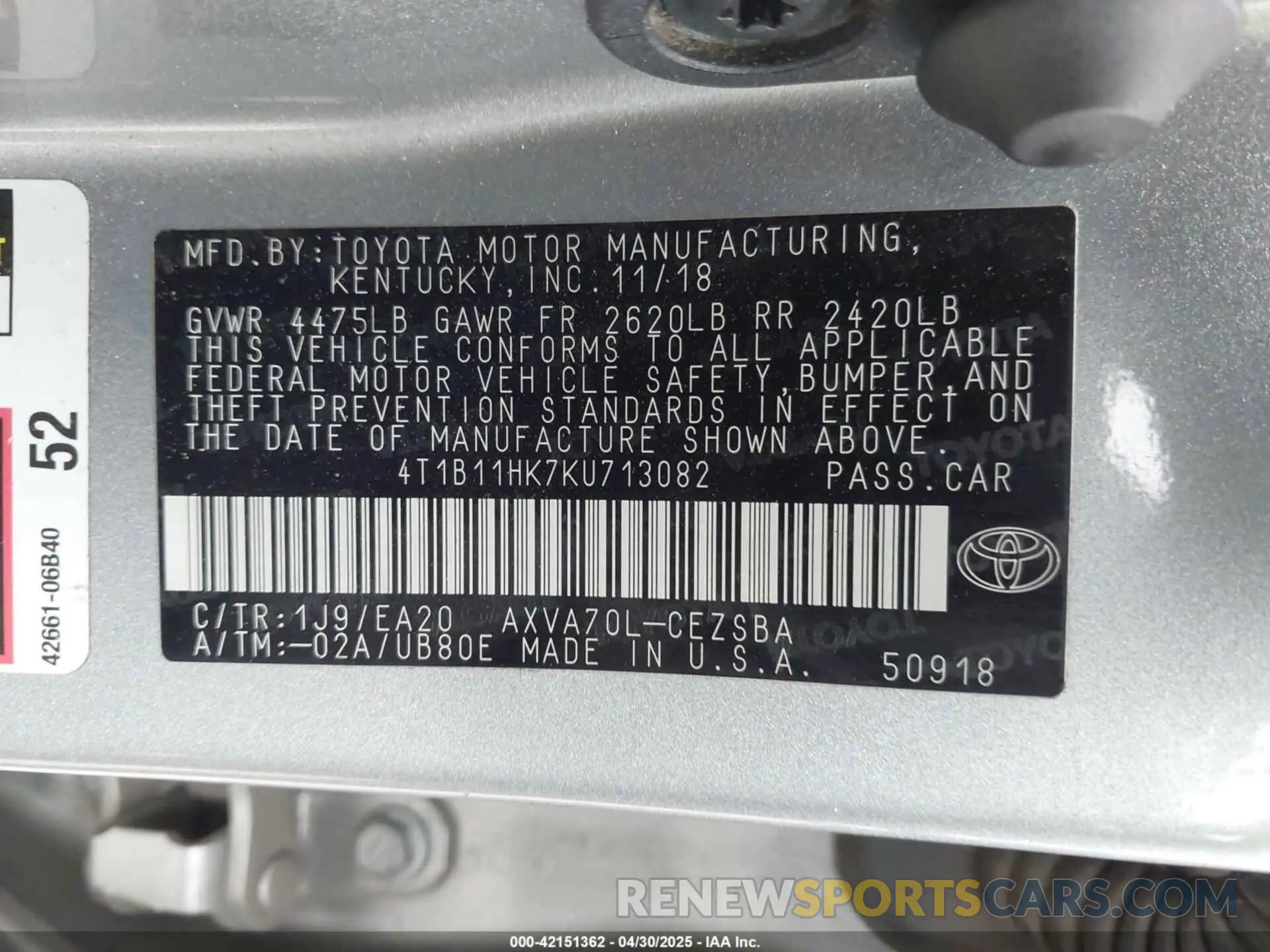 9 fotografías del automóvil dañado 4T1B11HK7KU713082 TOYOTA CAMRY 2019