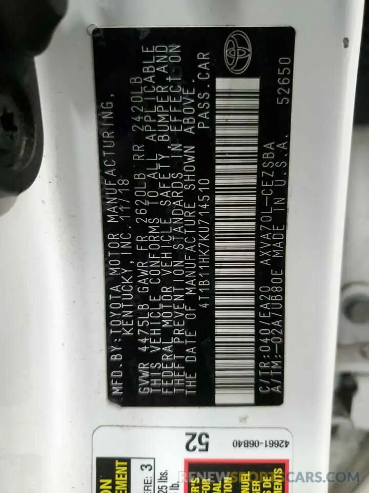 12 fotografías del automóvil dañado 4T1B11HK7KU714510 TOYOTA CAMRY 2019