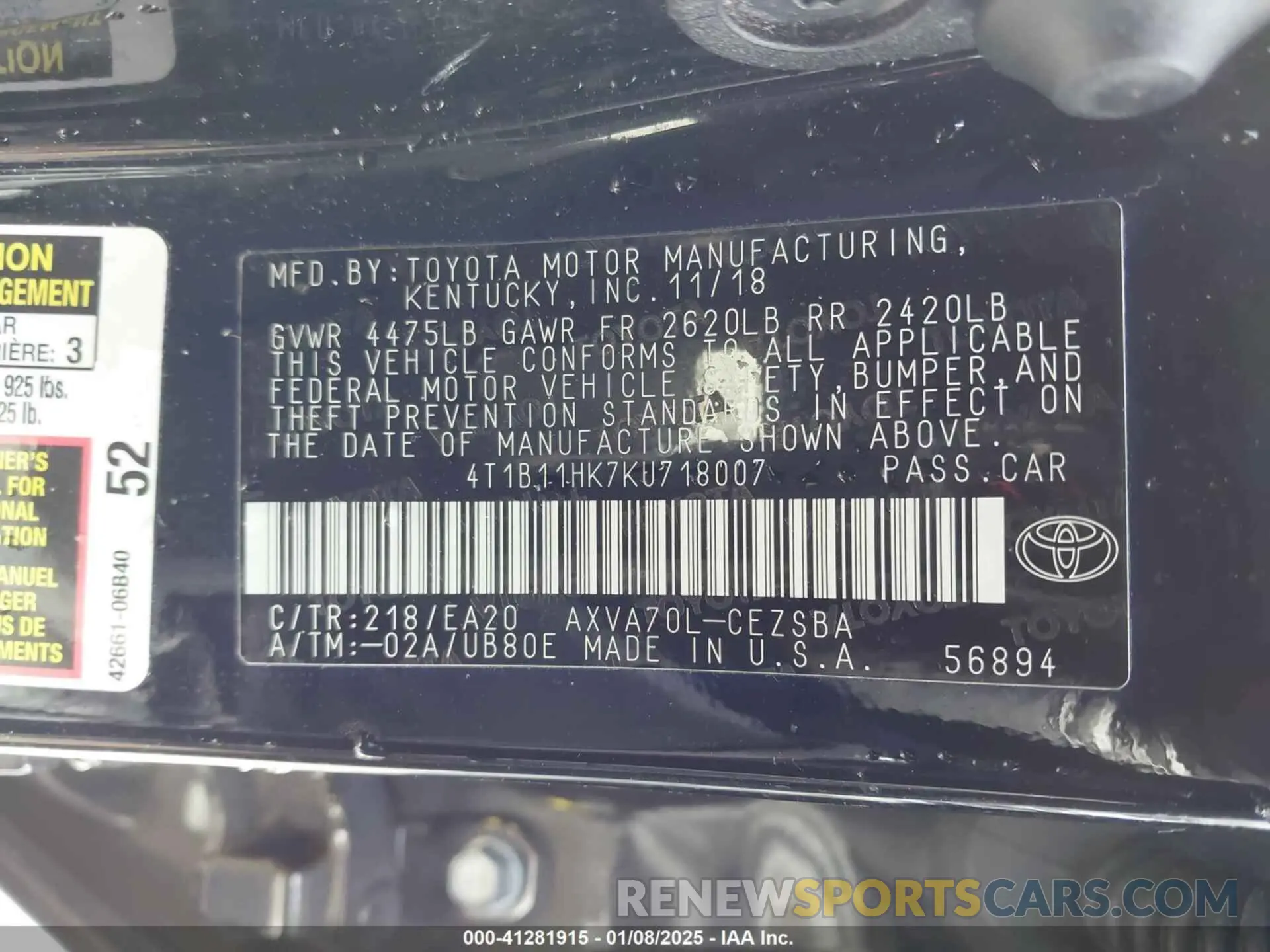 9 fotografías del automóvil dañado 4T1B11HK7KU718007 TOYOTA CAMRY 2019