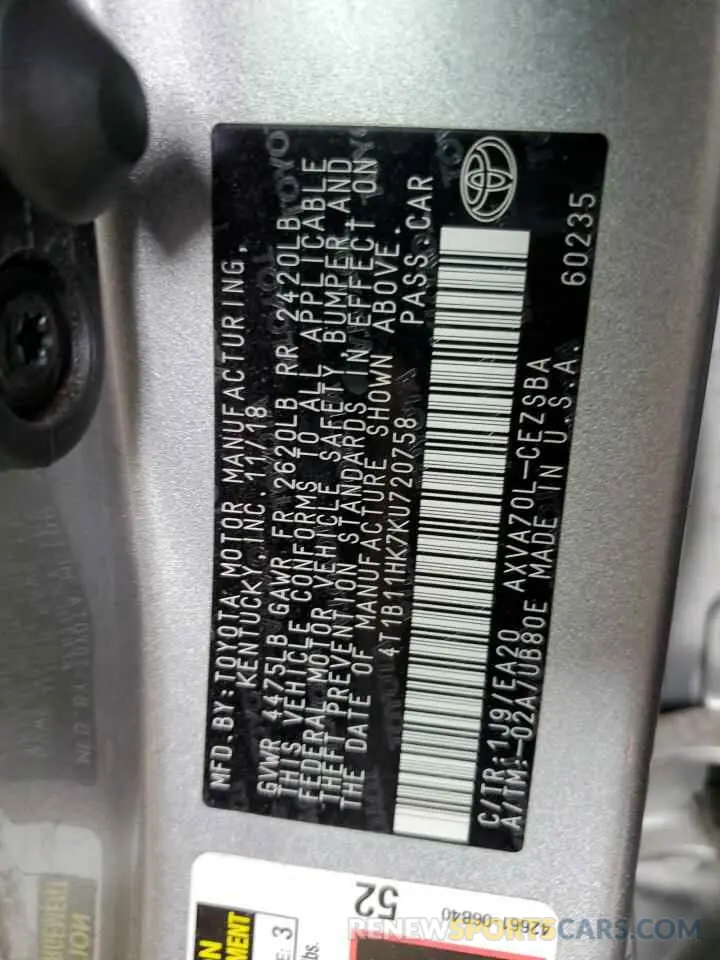 13 fotografías del automóvil dañado 4T1B11HK7KU720758 TOYOTA CAMRY 2019