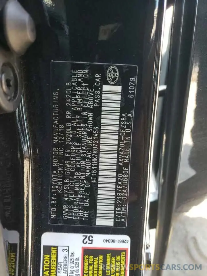 12 fotografías del automóvil dañado 4T1B11HK7KU721456 TOYOTA CAMRY 2019