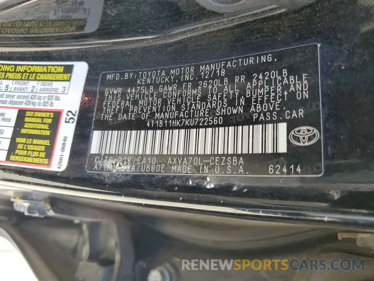 13 fotografías del automóvil dañado 4T1B11HK7KU722560 TOYOTA CAMRY 2019
