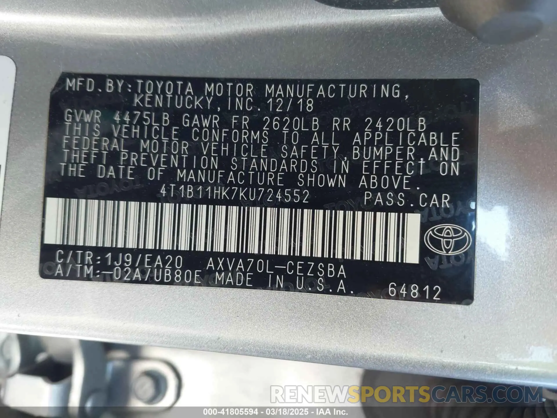 9 fotografías del automóvil dañado 4T1B11HK7KU724552 TOYOTA CAMRY 2019