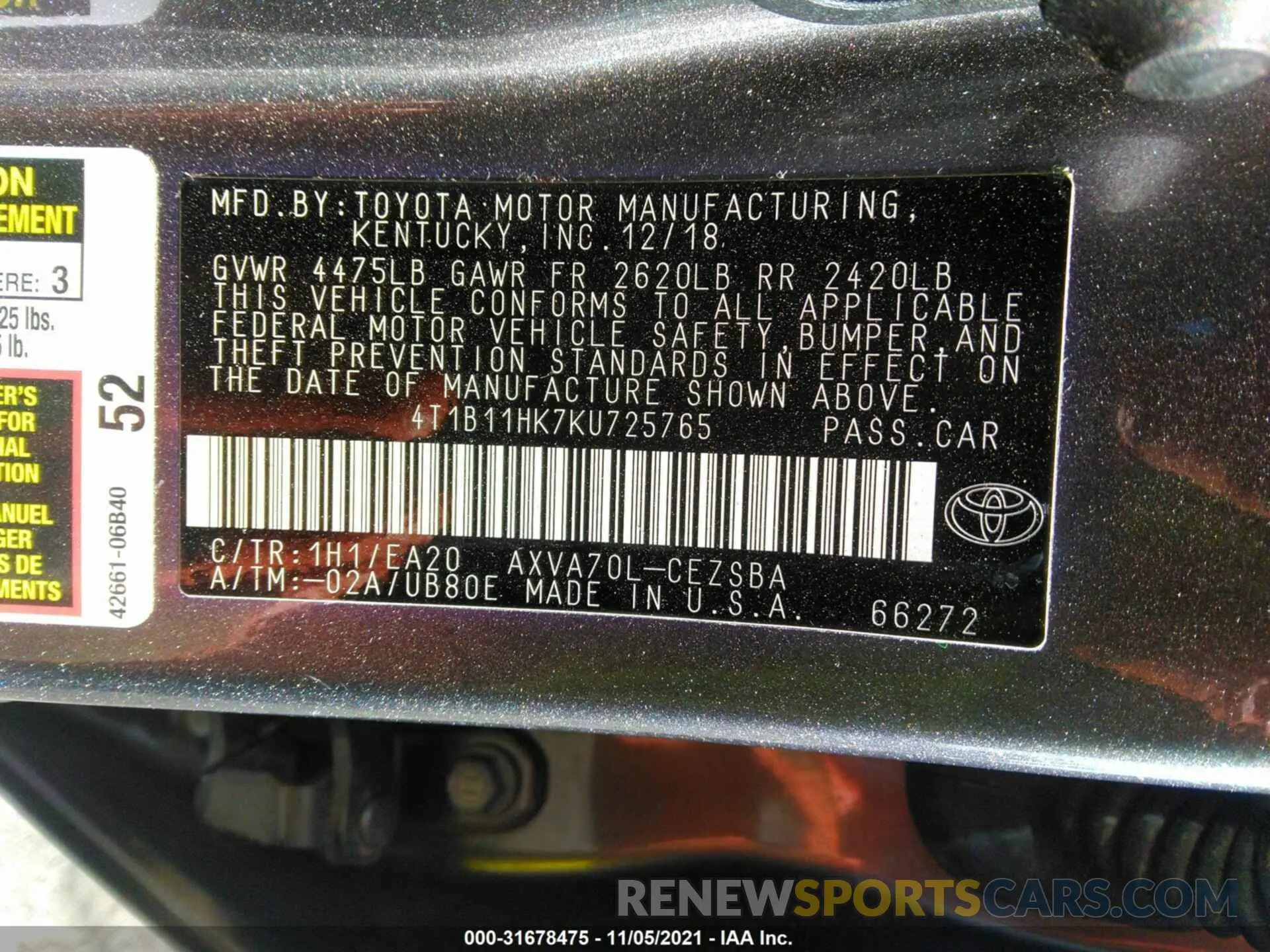 9 fotografías del automóvil dañado 4T1B11HK7KU725765 TOYOTA CAMRY 2019