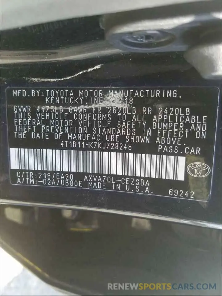 10 fotografías del automóvil dañado 4T1B11HK7KU728245 TOYOTA CAMRY 2019
