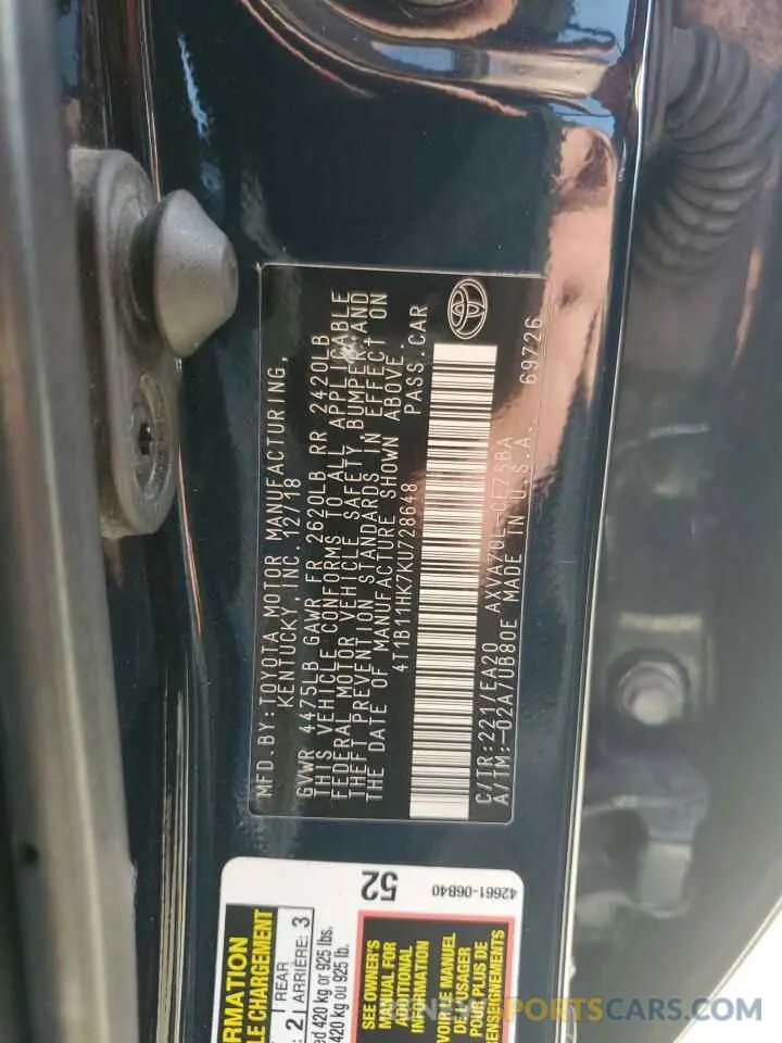 12 fotografías del automóvil dañado 4T1B11HK7KU728648 TOYOTA CAMRY 2019