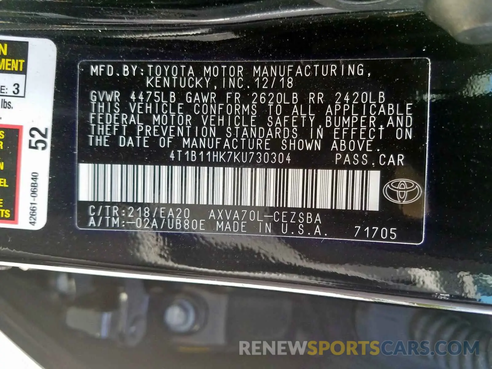 10 fotografías del automóvil dañado 4T1B11HK7KU730304 TOYOTA CAMRY 2019