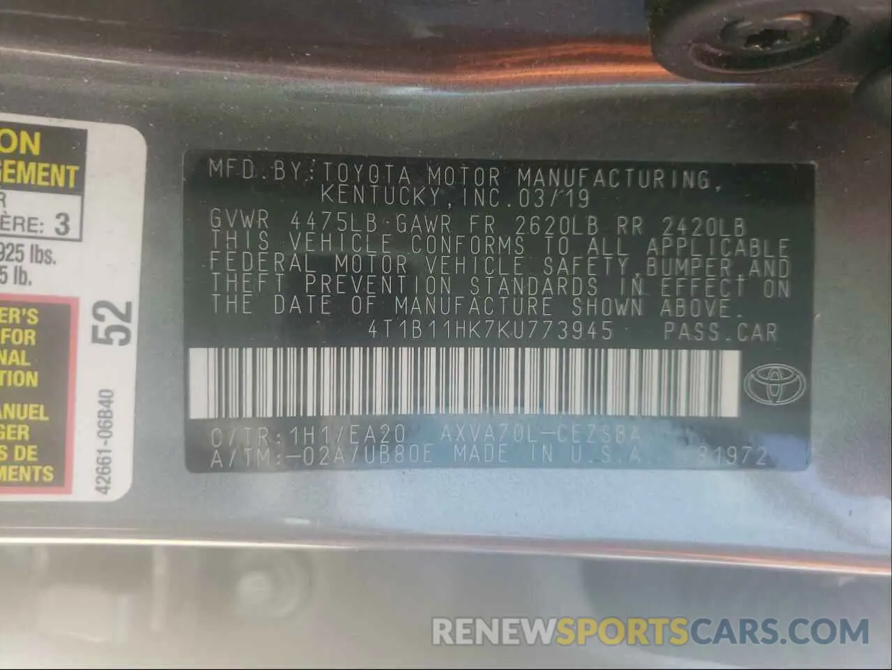 10 fotografías del automóvil dañado 4T1B11HK7KU773945 TOYOTA CAMRY 2019