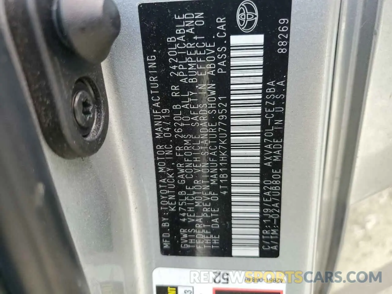 14 fotografías del automóvil dañado 4T1B11HK7KU779521 TOYOTA CAMRY 2019