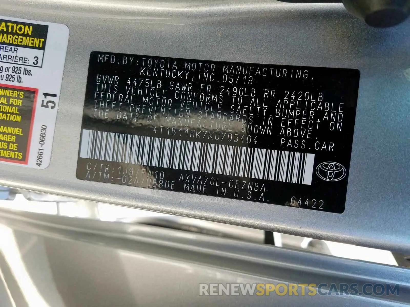 10 fotografías del automóvil dañado 4T1B11HK7KU793404 TOYOTA CAMRY 2019