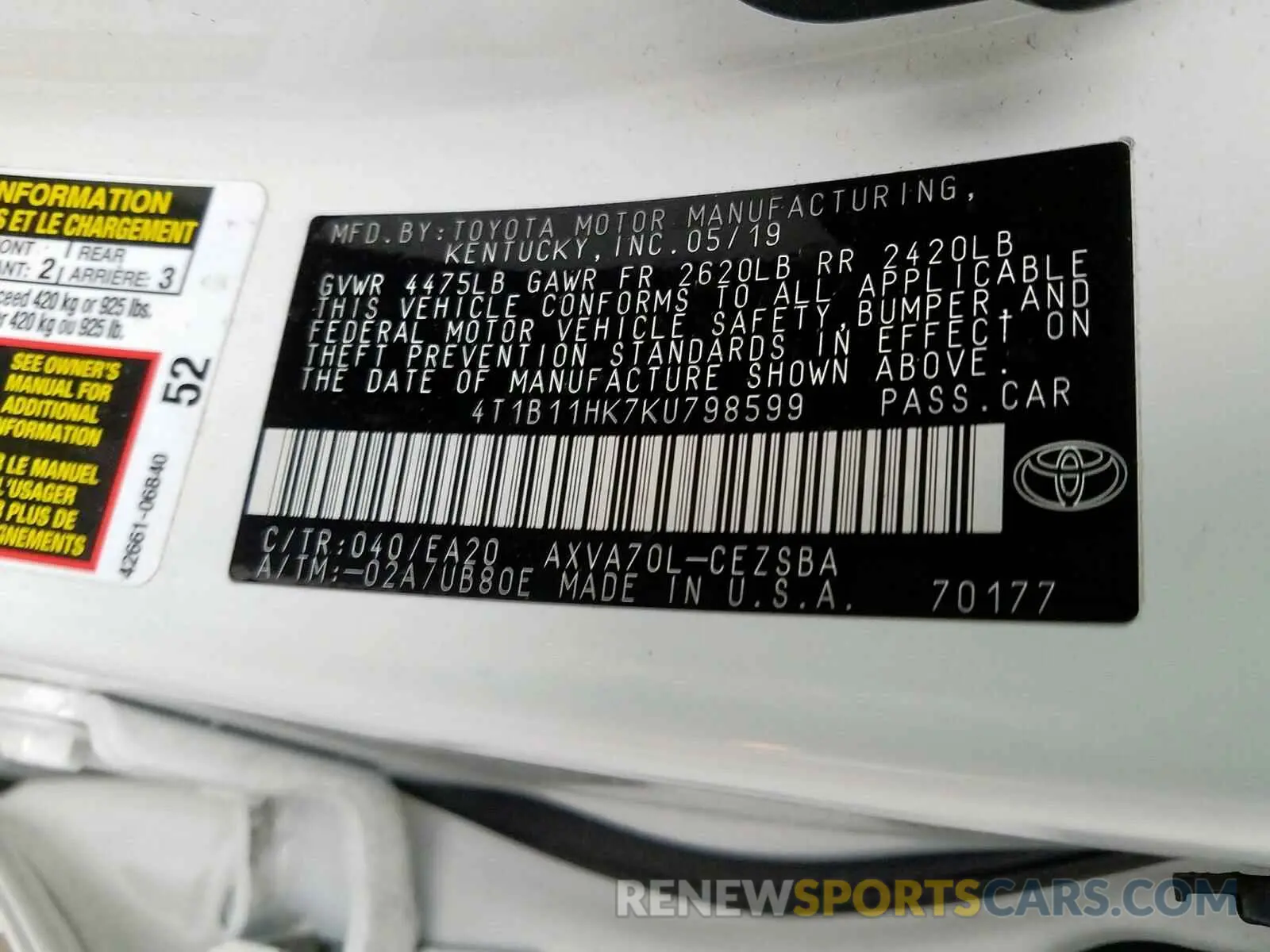 10 fotografías del automóvil dañado 4T1B11HK7KU798599 TOYOTA CAMRY 2019
