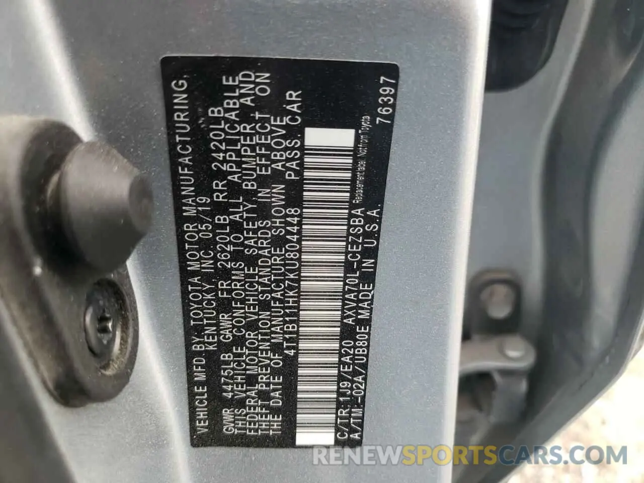 12 fotografías del automóvil dañado 4T1B11HK7KU804448 TOYOTA CAMRY 2019