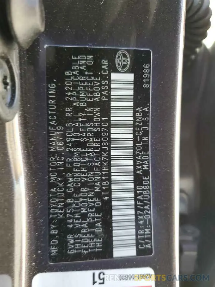 13 fotografías del automóvil dañado 4T1B11HK7KU809701 TOYOTA CAMRY 2019