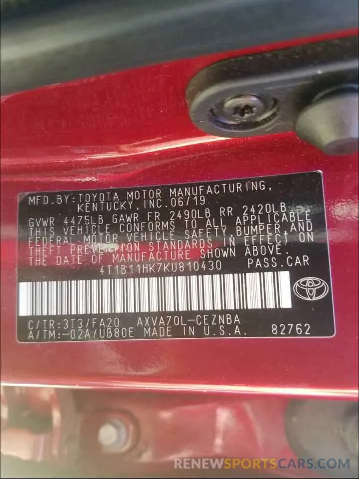 10 fotografías del automóvil dañado 4T1B11HK7KU810430 TOYOTA CAMRY 2019