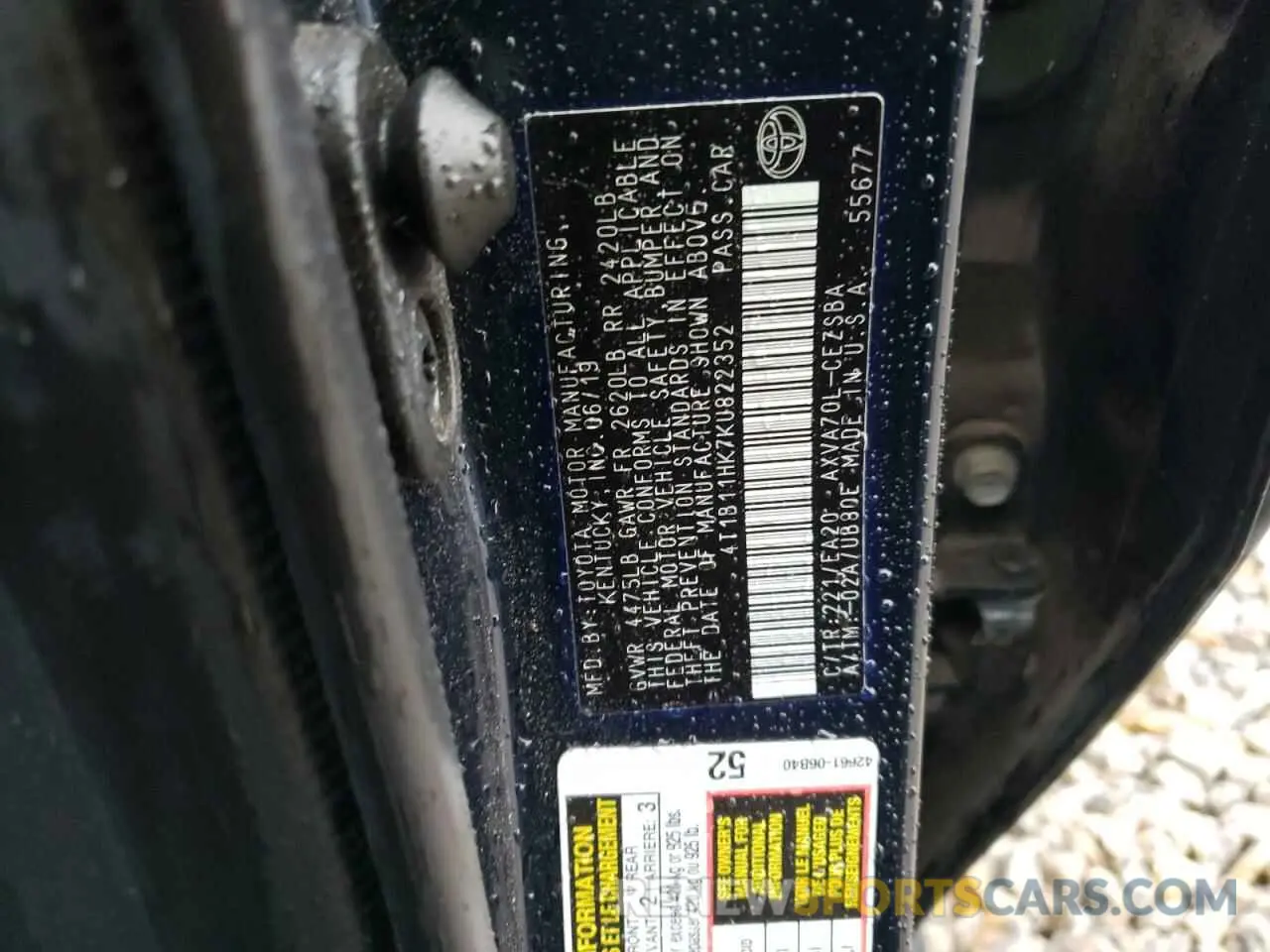12 fotografías del automóvil dañado 4T1B11HK7KU822352 TOYOTA CAMRY 2019