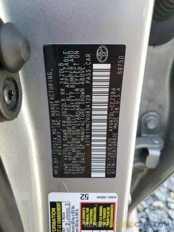 13 fotografías del automóvil dañado 4T1B11HK7KU834128 TOYOTA CAMRY 2019