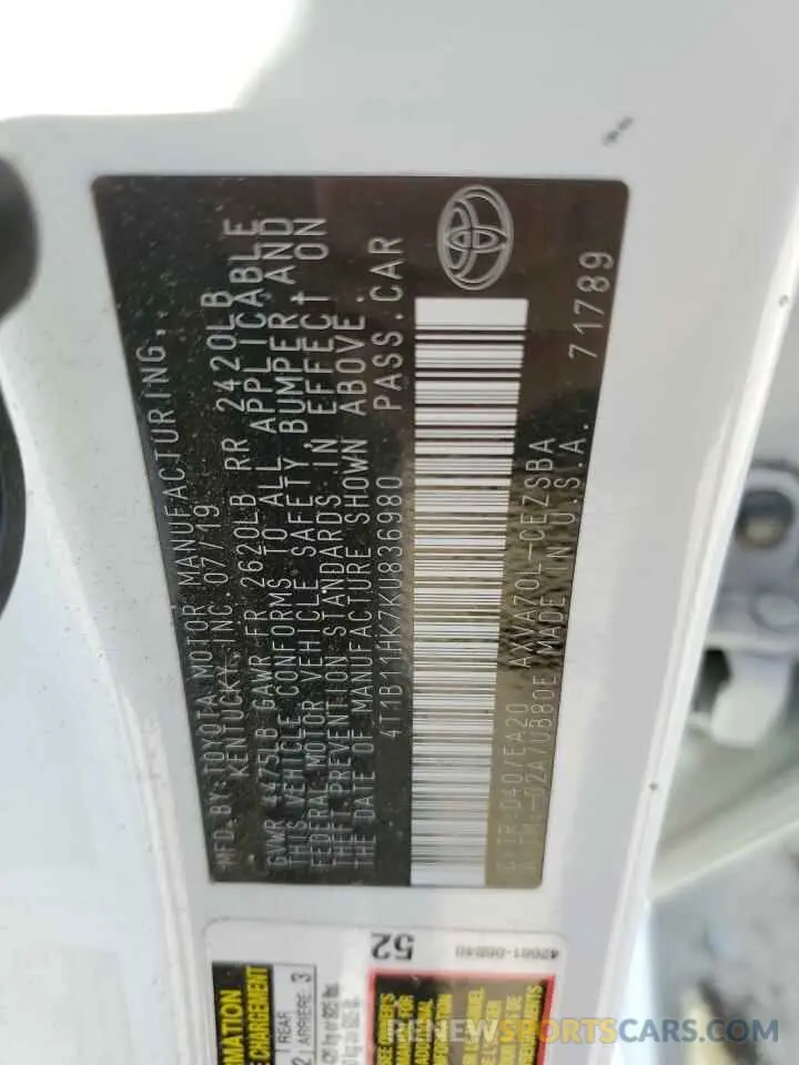 12 fotografías del automóvil dañado 4T1B11HK7KU836980 TOYOTA CAMRY 2019