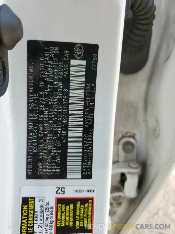 14 fotografías del automóvil dañado 4T1B11HK7KU837918 TOYOTA CAMRY 2019
