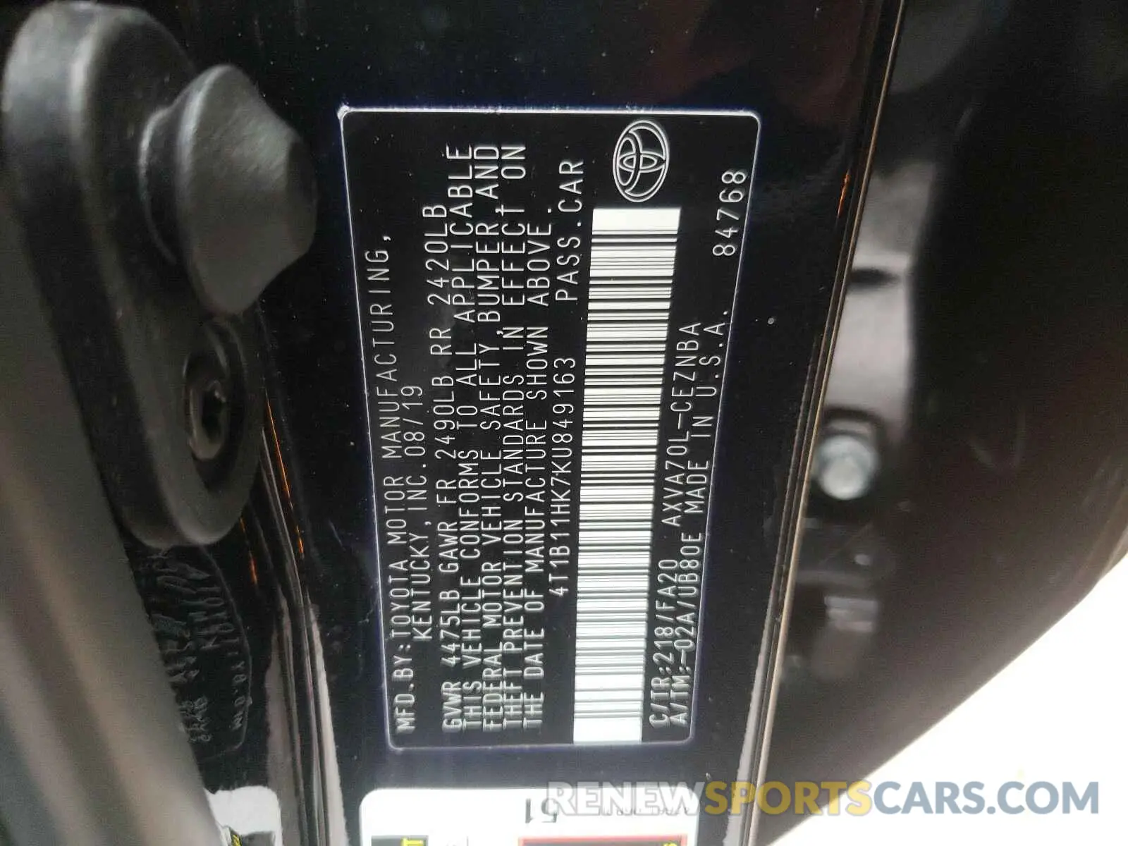 10 fotografías del automóvil dañado 4T1B11HK7KU849163 TOYOTA CAMRY 2019