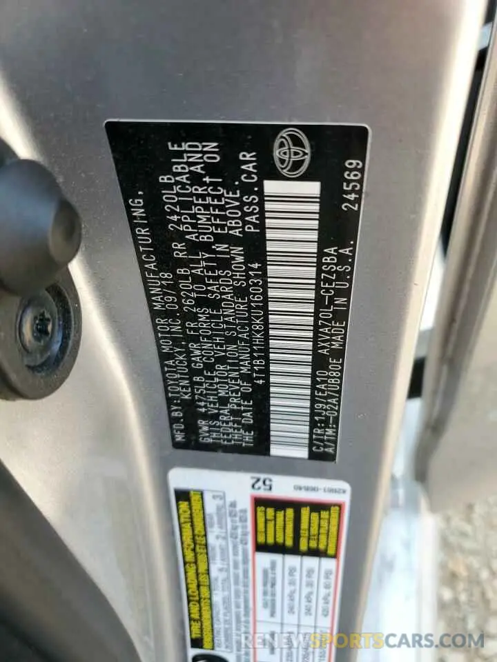 13 fotografías del automóvil dañado 4T1B11HK8KU160314 TOYOTA CAMRY 2019
