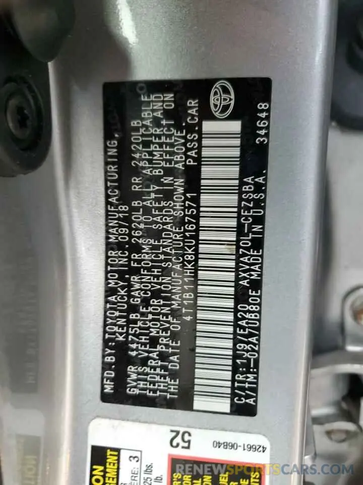 12 fotografías del automóvil dañado 4T1B11HK8KU167571 TOYOTA CAMRY 2019