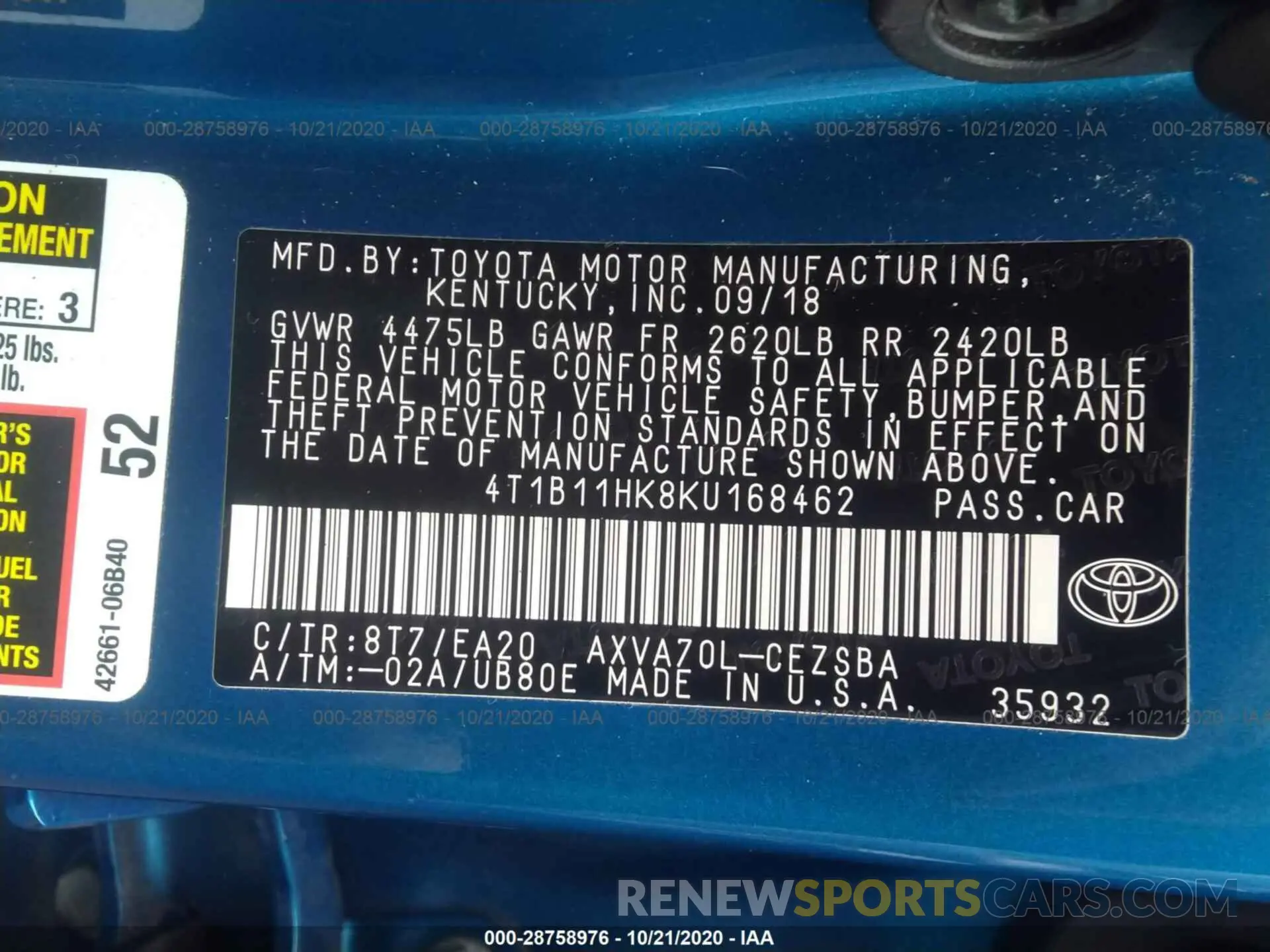 9 fotografías del automóvil dañado 4T1B11HK8KU168462 TOYOTA CAMRY 2019