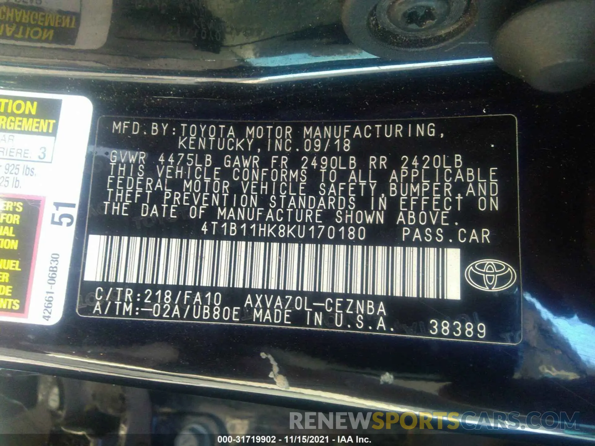 9 fotografías del automóvil dañado 4T1B11HK8KU170180 TOYOTA CAMRY 2019