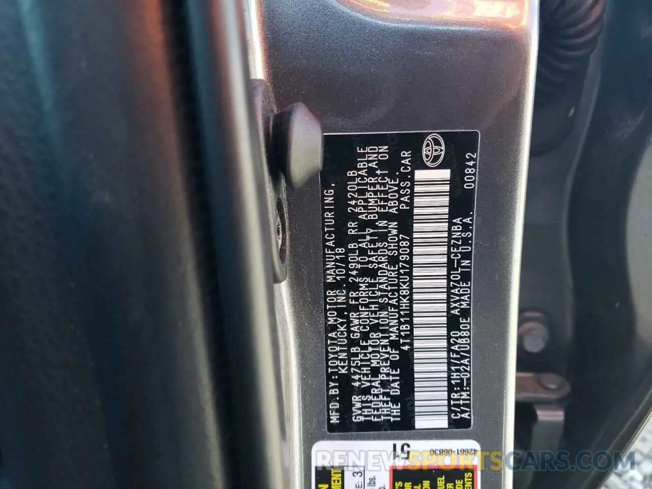 14 fotografías del automóvil dañado 4T1B11HK8KU179087 TOYOTA CAMRY 2019