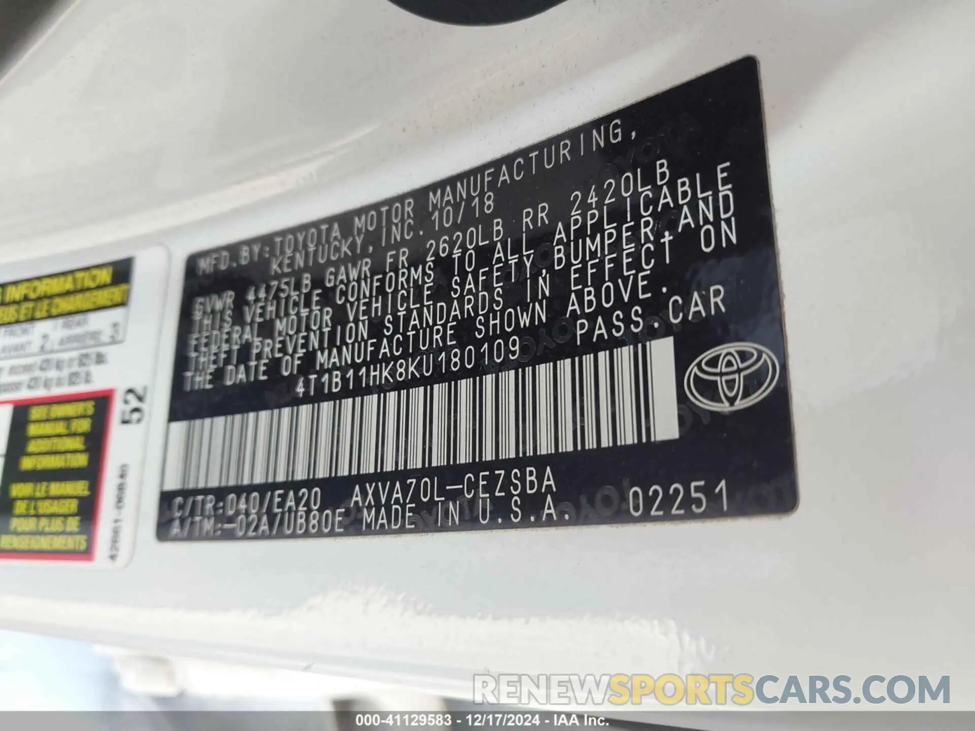 9 fotografías del automóvil dañado 4T1B11HK8KU180109 TOYOTA CAMRY 2019