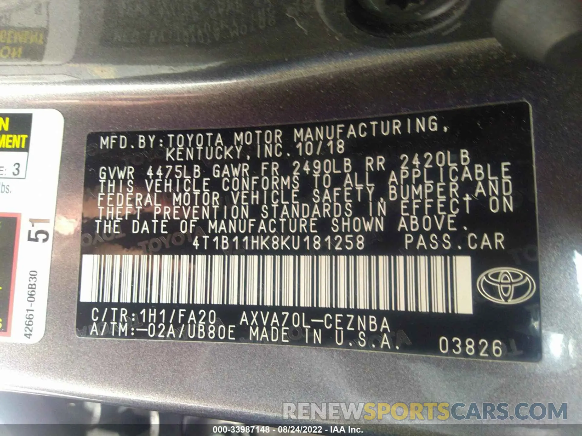 9 fotografías del automóvil dañado 4T1B11HK8KU181258 TOYOTA CAMRY 2019